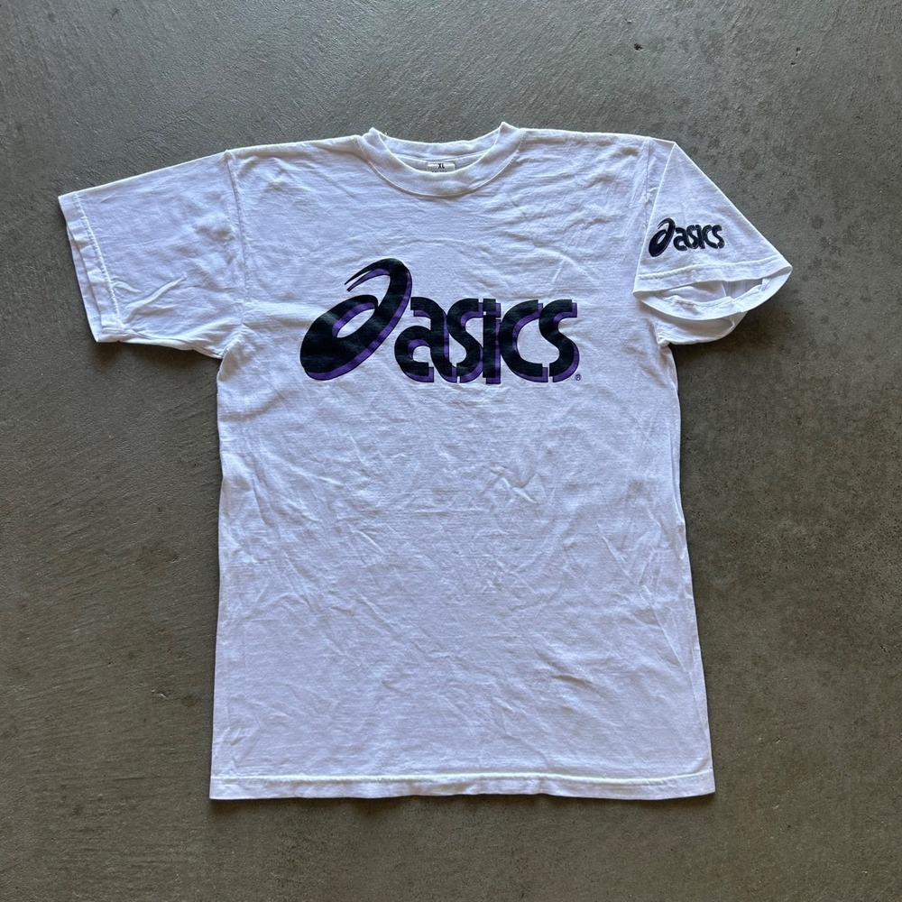 Vintage 90s Asics Shirt Size XL White Big Logo Purple Spell Out USA Made